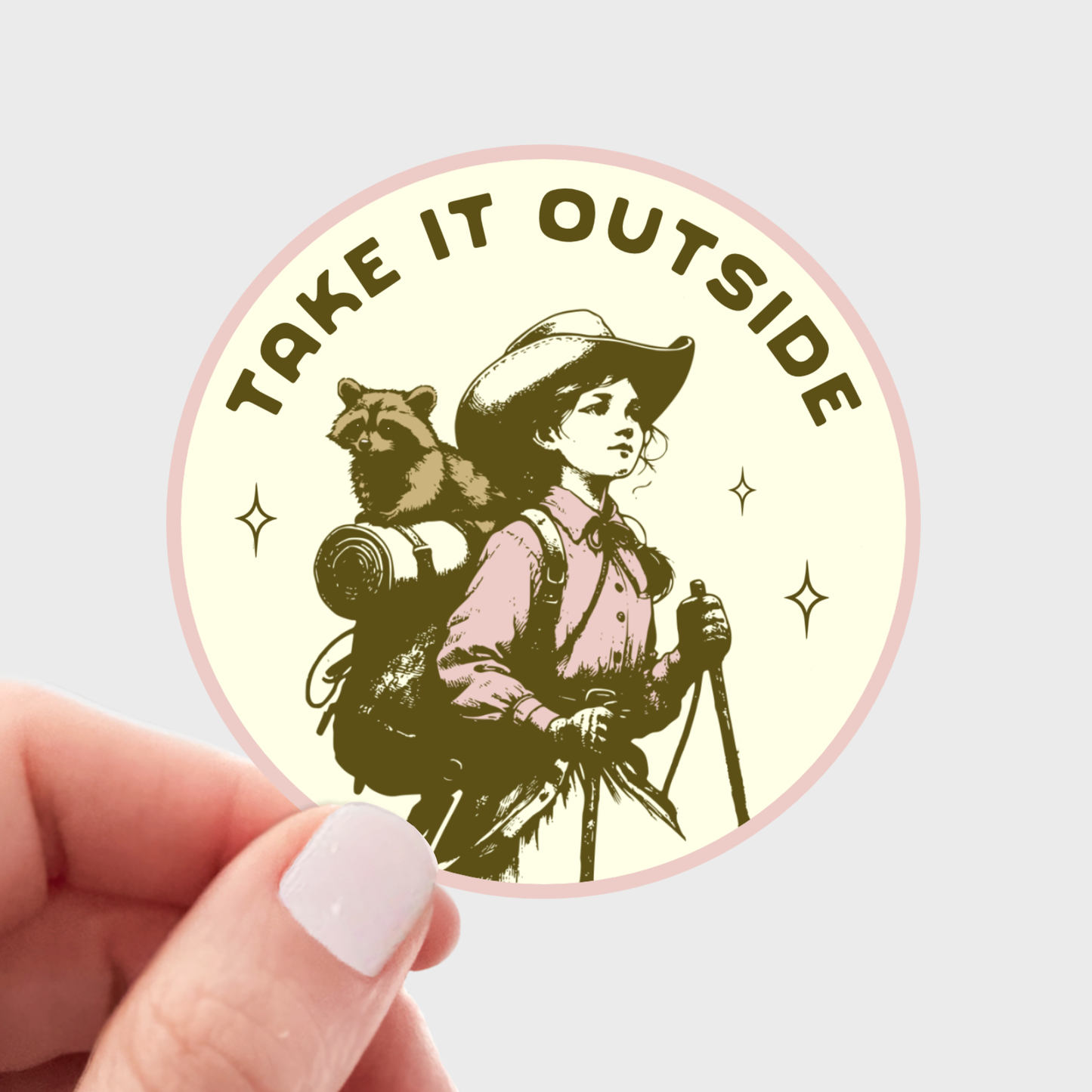Take It Outside Sticker - hiking, outdoors, raccoon, nature
