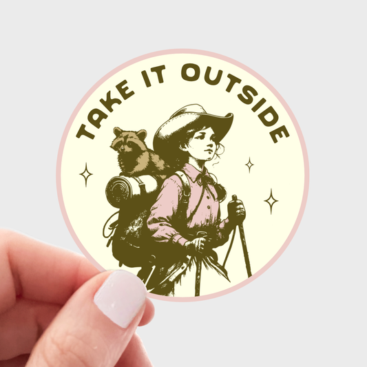 Take It Outside Sticker - hiking, outdoors, raccoon, nature