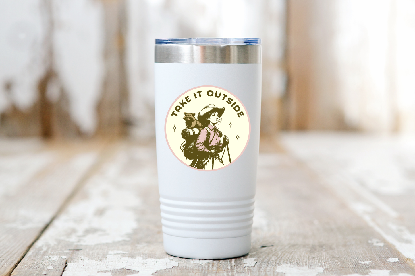Take It Outside Sticker - hiking, outdoors, raccoon, nature