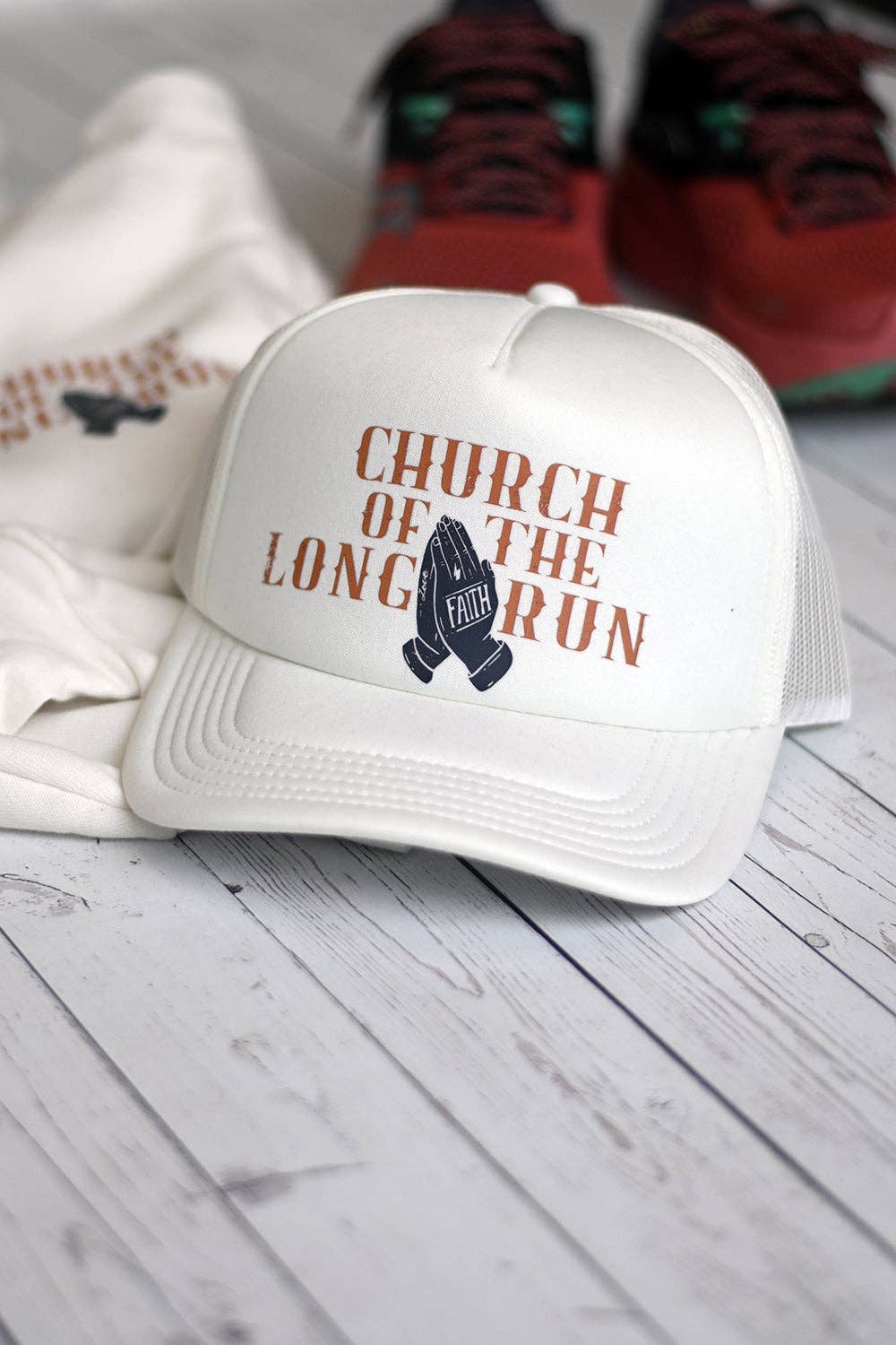 Church Of The Long Run Trucker Cap: Cream
