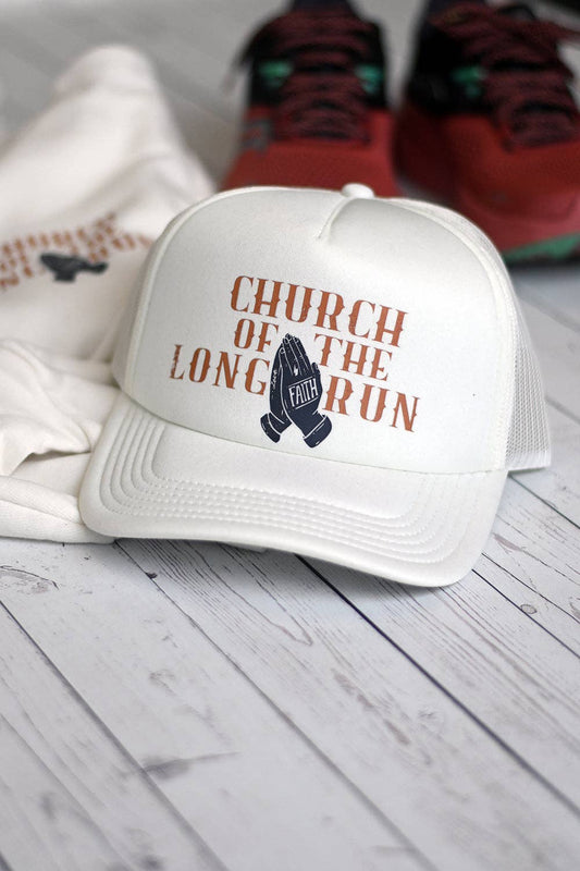Church Of The Long Run Trucker Cap: Cream